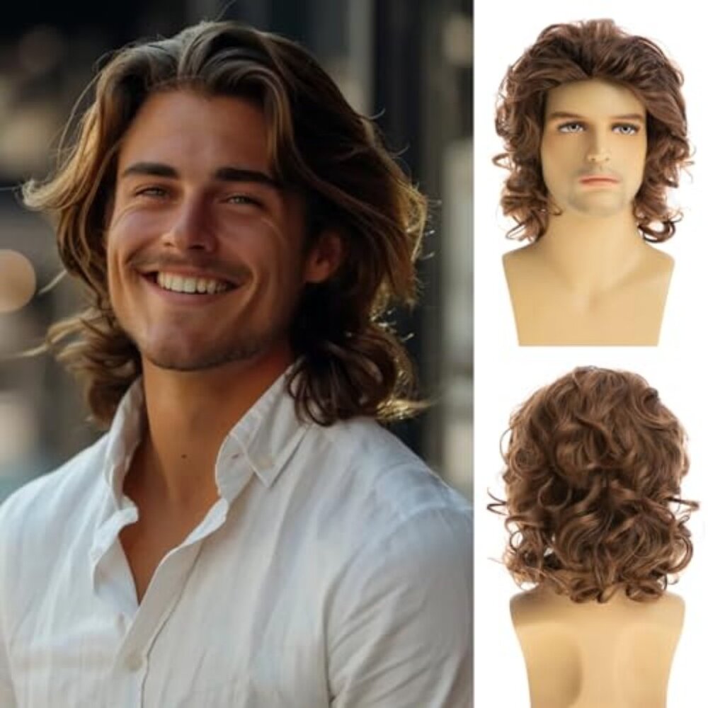 Mens Short Curly Wig Light Brown‎ Fluffy Cosplay Costume Hair Wig
